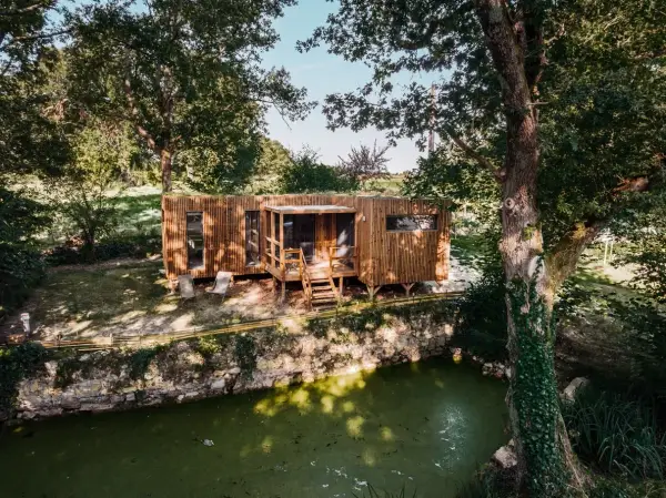 Une maison bioclimatique en bois, perchée près d'un étang verdoyant, entourée d'arbres majestueux.